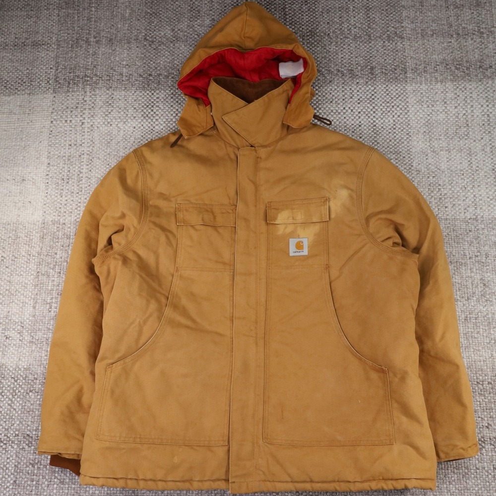 Carhartt Arctic Quilt Lined Duck Traditional Coat Brown Work Jacket Hooded XL